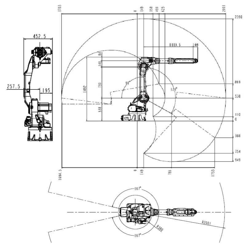 ROBOT SIZE DIMENSION & MAXIMUM MOTION RANGE VBR6-3